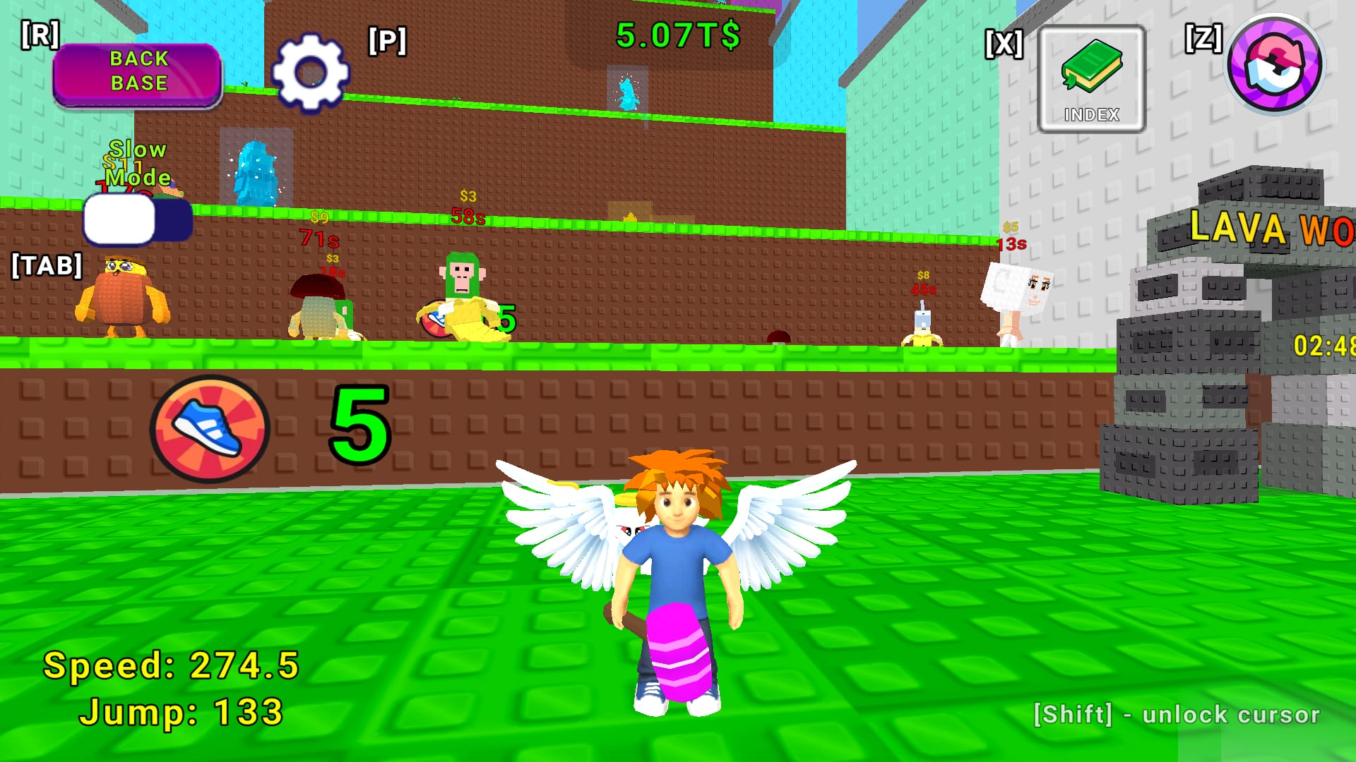 Jump And Run For Brainrot gameplay — hopping up the platforms past Brainrot characters with speed 274 and jump 133